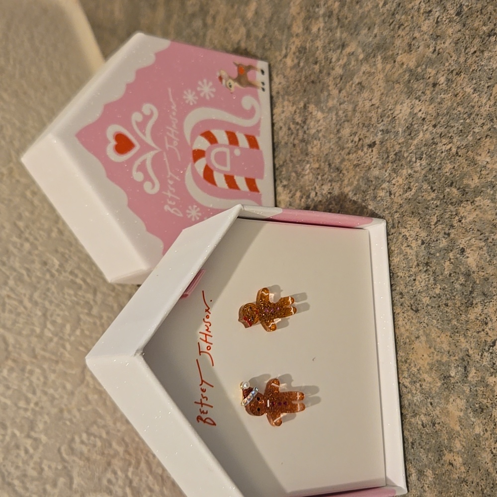 Betsey Johnson Gingerbread Man and Women Stud Earrings, Copper Brand New